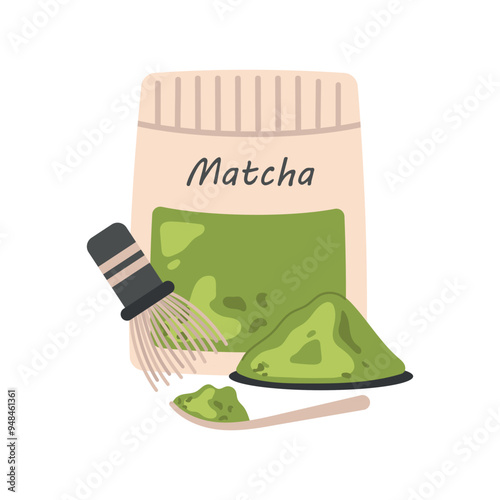 Elements for making matcha tea. Vector illustration of package with powdered tea, bamboo spoon and whisk