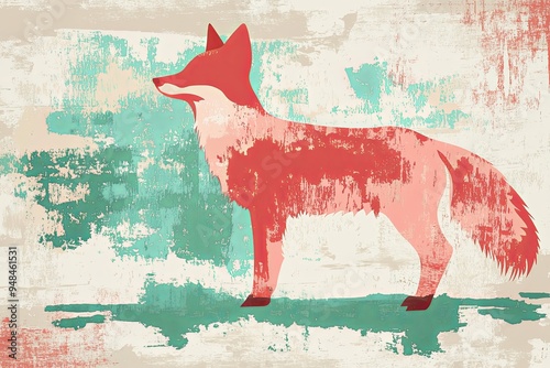A red fox silhouette on an abstract background of turquoise and white.