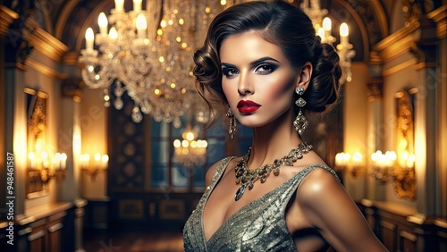 Glamorous model poses in luxurious setting, showcasing exquisite designer gown, statement accessories, and flawless makeup, epitomizing high-end fashion and sophistication.