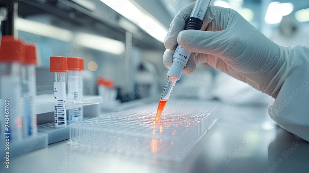Scientistaes hands in gloves, using a pipette to transfer liquid samples into small vials. The focus is on the precision and careful handling of scientific experiments. Scientistaes hands in gloves, using a pipette to transfer liquid samples into small vials. The focus is on the precision and careful handling of scientific experiments.