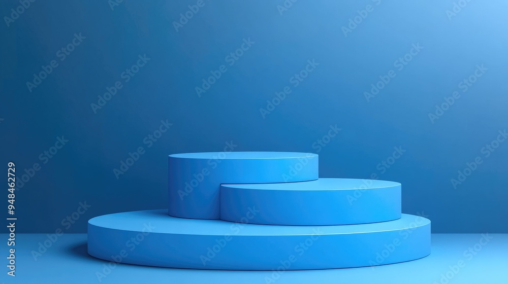 Blue pedestal set against a blue background for presentation purposes featuring 3D rendering Blue pedestal set against a blue background for presentation purposes featuring 3D rendering