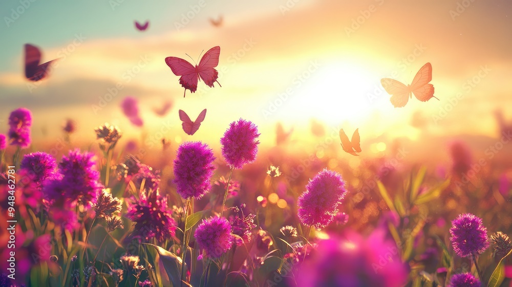 Beautiful field of globe amaranth in full bloom, butterflies fluttering under the sun, set against a realistic backdrop Beautiful field of globe amaranth in full bloom, butterflies fluttering under the sun, set against a realistic backdrop