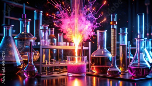 Glowing pink strontium alloy sparks ignite in a dark laboratory, surrounded by beakers, test tubes, and other scientific equipment, showcasing chemistry in action.