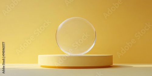 Semi circle podium featuring a translucent round glassmorphism on a yellow backdrop Minimalist pastel pedestal mockup for product display 3D illustration