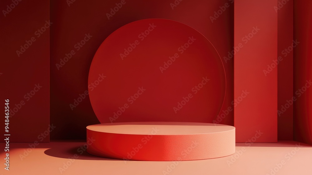 Abstract geometric podium for showcasing products against a red backdrop 3D rendering Abstract geometric podium for showcasing products against a red backdrop 3D rendering