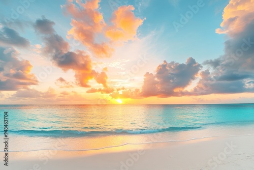 The sand beach is photographed close up. Panoramic beach landscape. Inspire tropical beach seascape. Orange and golden sunset sky with calm tranquil sunshine summer mood. Vacation travel holiday