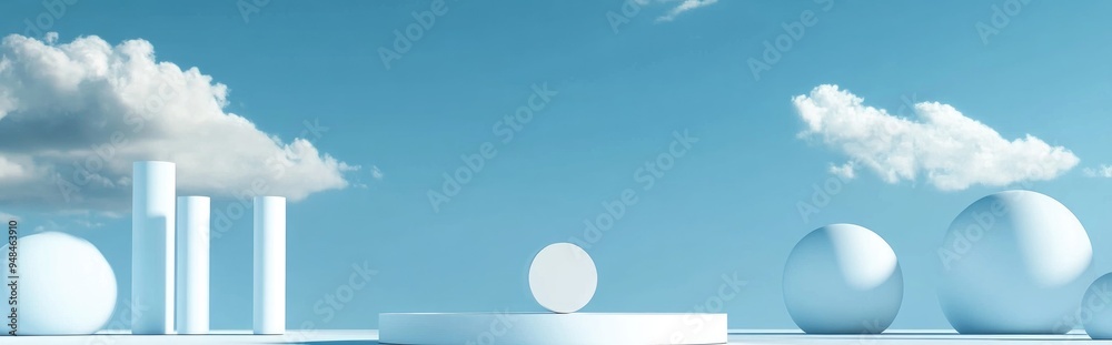 Sky blue 3D background featuring geometric shapes and a podium on the floor Platforms designed for product presentation with a white product set against a backdrop Abstract composition mockup Sky blue 3D background featuring geometric shapes and a podium on the floor Platforms designed for product presentation with a white product set against a backdrop Abstract composition mockup
