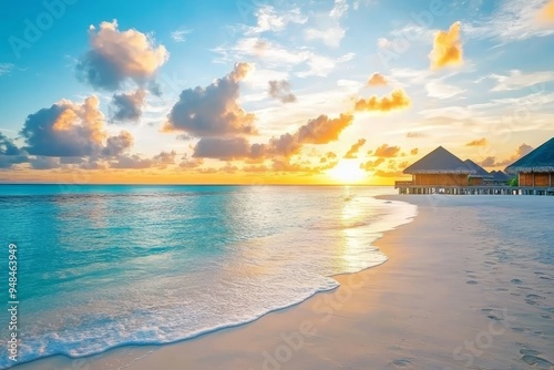 Inspire tropical beach landscape. Summer vacation banner with orange and gold sunset sky calmness tranquil relaxation sunlight. Vacation travel holiday banner with sea sand beach.