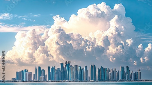 Skyline Serenity: A stunning view of Doha's skyline from Sheraton Park on January 14, 2022, with a backdrop of white clouds.