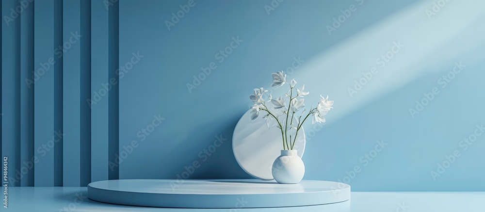 Cosmetic display podium on a blue studio backdrop 3D rendering Cosmetic display podium on a blue studio backdrop 3D rendering