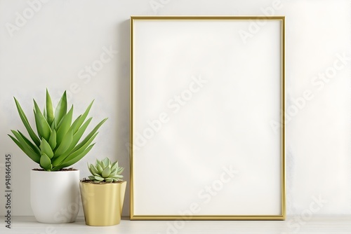 Elegant Square Gold Metal Frame Mockup with Lush Succulents on a Modern Home Interior Wall Poster Display  3D Rendering of a Clean Minimalist Decor Scene for Product Presentation