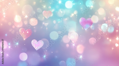 Soft pastel background with unicorn-inspired hearts, bokeh lights, and starry elements for a dreamy wallpaper.