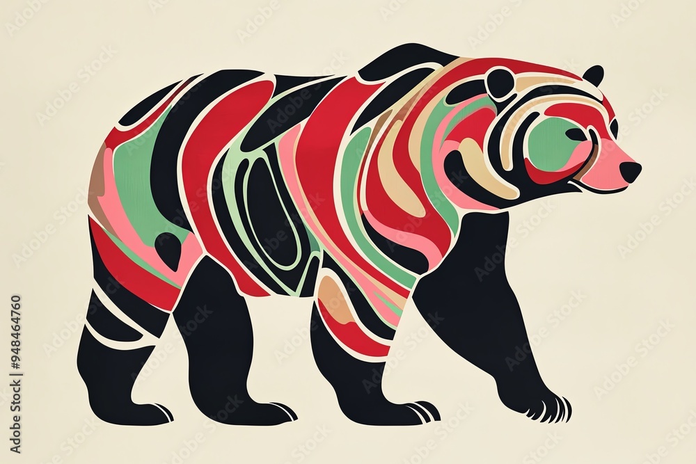 Fototapeta premium Abstract black bear illustration with colorful stripes.