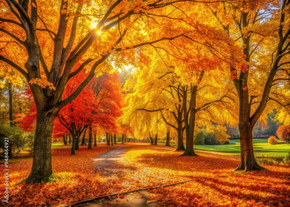 Fototapeta premium Golden Tapestry: Autumn foliage in vibrant hues, park setting, serene, painterly, warm, yellow, orange, red
