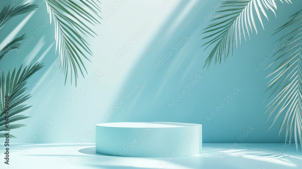 3D render illustration of a pastel blue podium for product presentation, enhanced with palm leaf elements, shade, and natural sunlight. 3D render illustration of a pastel blue podium for product presentation, enhanced with palm leaf elements, shade, and natural sunlight.