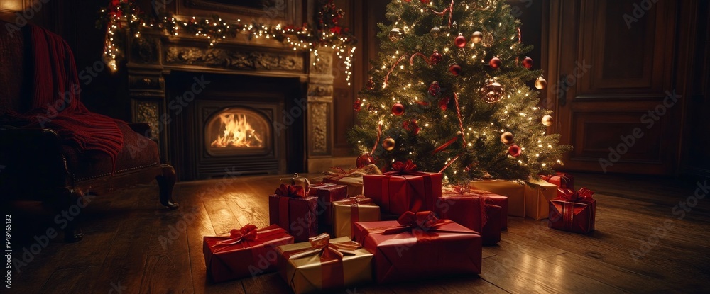 A Christmas tree and holiday decorations are displayed on a fireplace background A Christmas tree and holiday decorations are displayed on a fireplace background