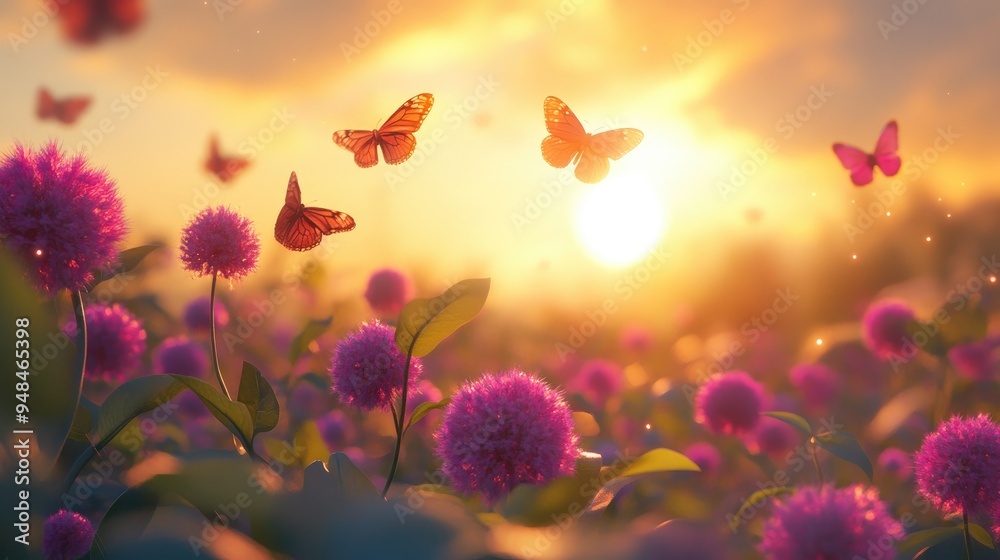 Colorful globe amaranth field under the sun, with butterflies dancing in the air, set against a realistic and serene background
