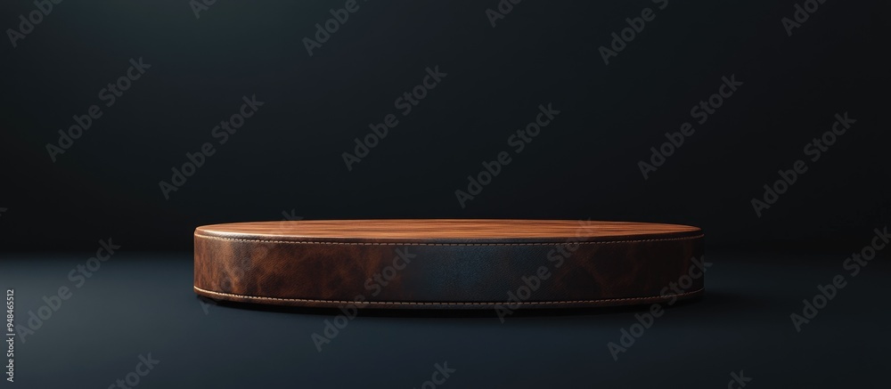 Obraz premium Wooden podium with a leather base rendered in a dark room