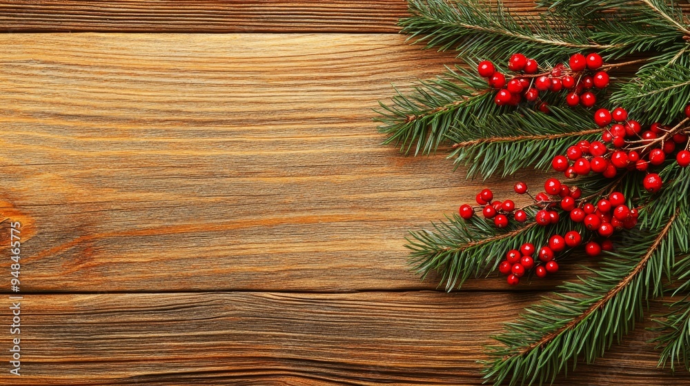 A holiday evergreen branch and berry background with a rustic wood finish A holiday evergreen branch and berry background with a rustic wood finish