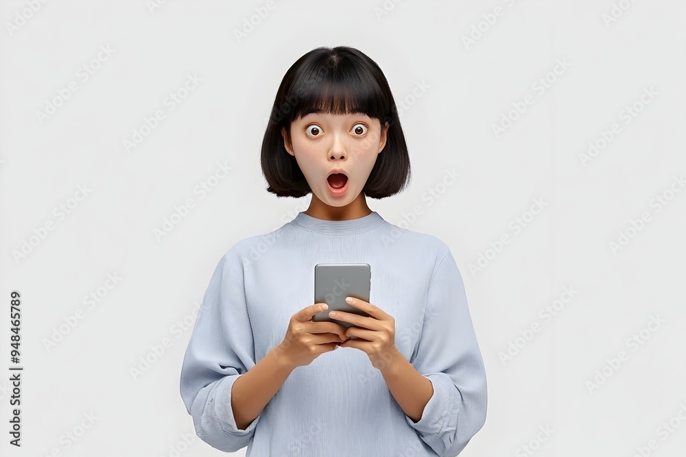 Surprised Young Asian Female Holding and Looking at Smartphone with Open Mouth Expression in 3D Rendering on White Background Surprised Young Asian Female Holding and Looking at Smartphone with Open Mouth Expression in 3D Rendering on White Background