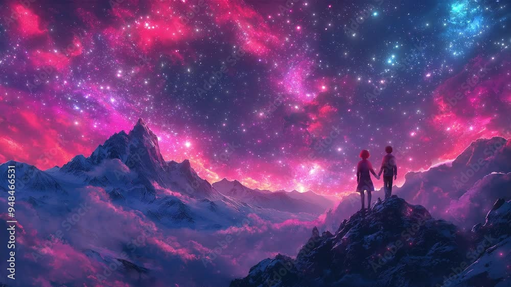 The two people stand on top of a mountain and look at the stars. Loop animation The two people stand on top of a mountain and look at the stars. Loop animation