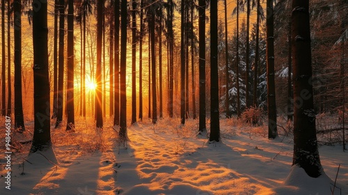 Fototapeta Naklejka Na Ścianę i Meble -  The Bieszczady forest in winter, bathed in the warm light of a sunset, with snow-covered trees creating a serene atmosphere.