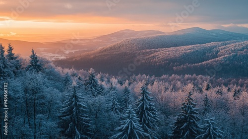 The Bieszczady forest in winter, blanketed in snow and bathed in the soft, warm glow of a sunset, with the mountains in the distance.