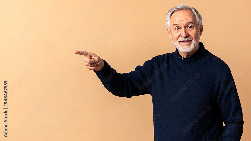 Elderly Man in Navy Blue Sweater Pointing, Soft Beige Background with Copyspace Elderly Man in Navy Blue Sweater Pointing, Soft Beige Background with Copyspace