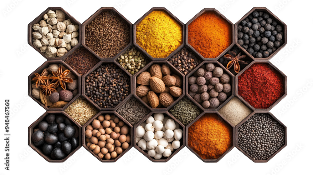 A vibrant array of various spices displayed in hexagonal containers, showcasing colors and textures for culinary inspiration. A vibrant array of various spices displayed in hexagonal containers, showcasing colors and textures for culinary inspiration.