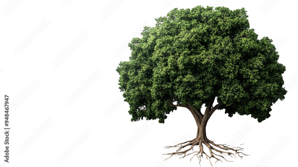 Obraz premium A majestic green tree with a thick trunk and expansive foliage, symbolizing nature's beauty and strength.