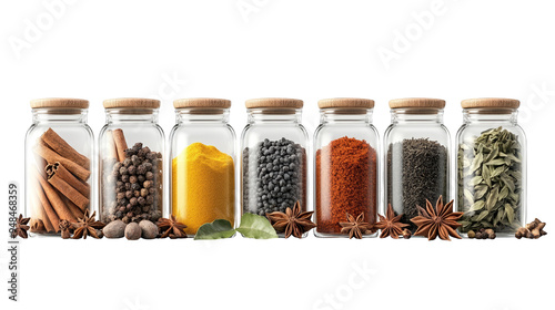 A collection of vibrant spice jars arranged neatly, showcasing the rich colors and textures of various spices for culinary inspiration.