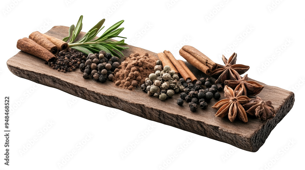 A beautiful arrangement of various spices on a rustic wooden board, highlighting their color and texture for culinary inspiration.