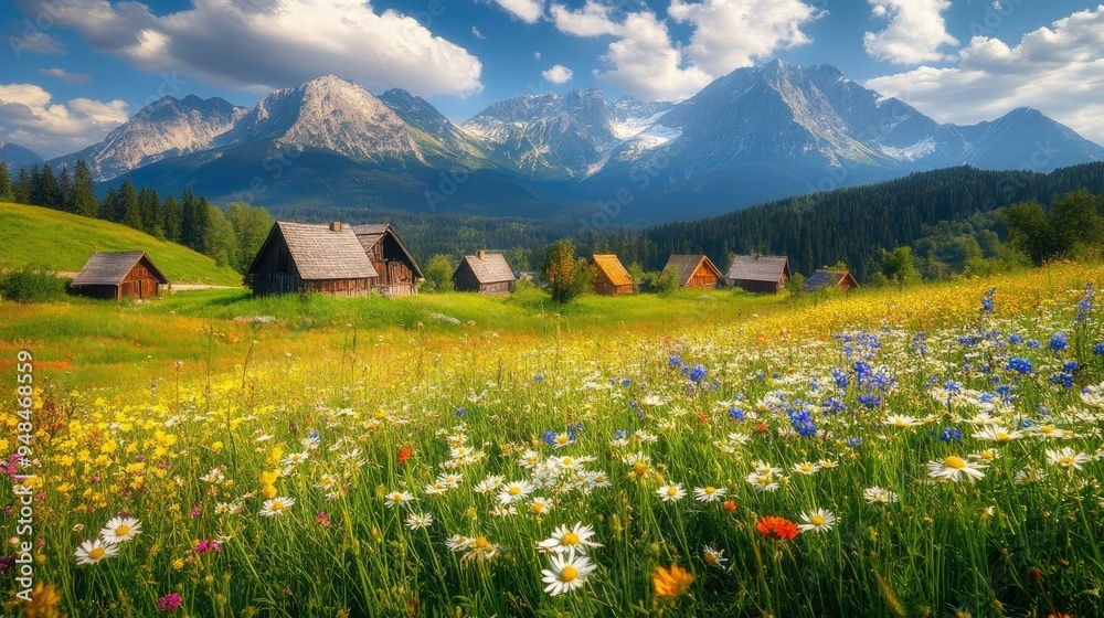 The Tatra Mountains loom over a colorful field of wildflowers and quaint cottages in the serene Gasienicowa Valley during summer. The Tatra Mountains loom over a colorful field of wildflowers and quaint cottages in the serene Gasienicowa Valley during summer.