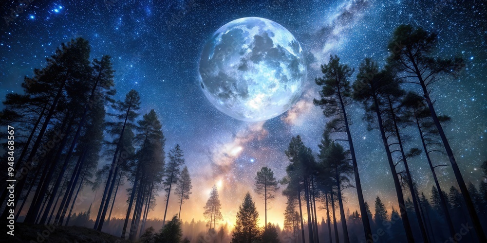 Milky Way and glowing moon shining through tall trees in serene night forest Milky Way and glowing moon shining through tall trees in serene night forest