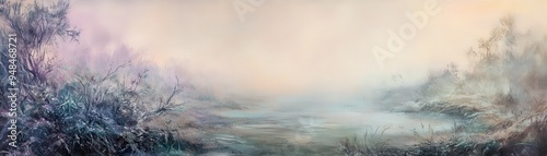 A serene landscape with soft colors and mist, evoking tranquility and peacefulness in nature's quiet moments.