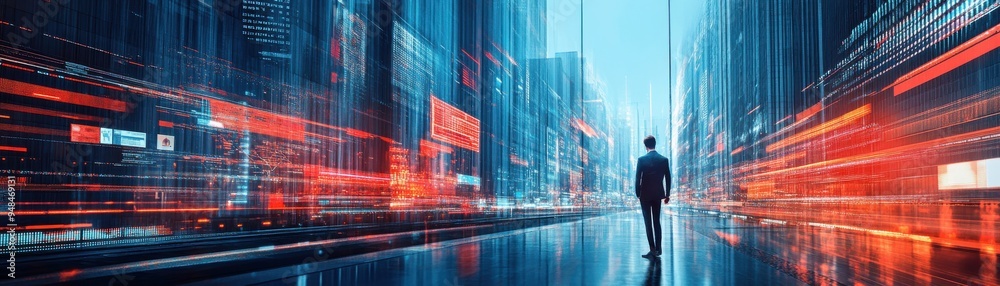 A silhouette of a businessman standing in a futuristic cityscape, illuminated by vibrant neon lights and dynamic motion blur. A silhouette of a businessman standing in a futuristic cityscape, illuminated by vibrant neon lights and dynamic motion blur.