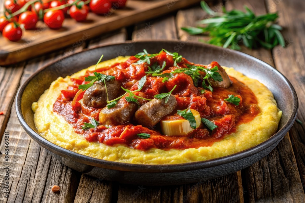 Hearty, comforting classic polenta dish featuring savory sausage and rich tomato sauce, beautifully presented on a rustic wooden background with soft focus. Hearty, comforting classic polenta dish featuring savory sausage and rich tomato sauce, beautifully presented on a rustic wooden background with soft focus.