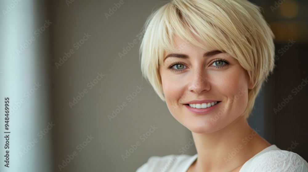 Confident blonde woman with short hair and a bright smile, looking directly into the camera Confident blonde woman with short hair and a bright smile, looking directly into the camera