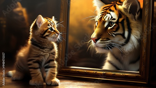 A small cat looks in the mirror and imagines itself as an adult predator. The kitten sees a reflection of a tiger in the mirror.