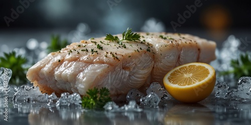 Fresh cod fillets on ice with lemon parsley. photo