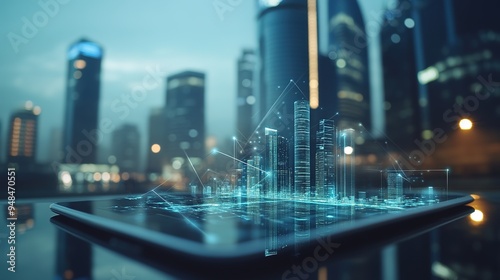 A digital representation of business insurance coverage on a tablet, with a corporate building in the background.