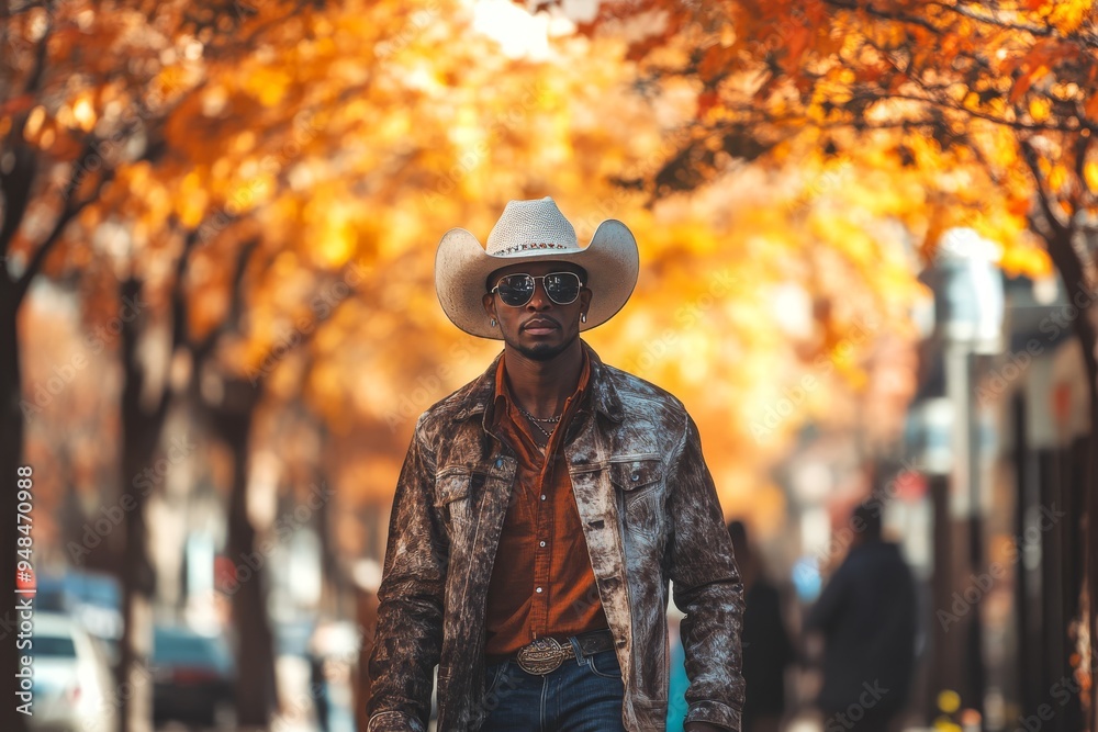 A stylish man, confidently strutting through an enchanting autumn landscape, wears a trendy cowboy hat and sleek sunglasses while being surrounded by the vibrant, fiery orange foliage of the season A stylish man, confidently strutting through an enchanting autumn landscape, wears a trendy cowboy hat and sleek sunglasses while being surrounded by the vibrant, fiery orange foliage of the season