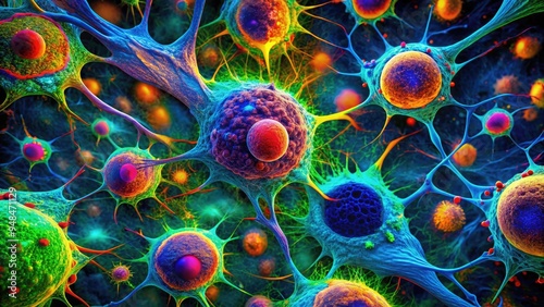 High-contrast microscopic image of fluorescently labeled cells, showcasing advanced imaging techniques and vibrant colors, revealing intricate cellular structures and biological details. photo