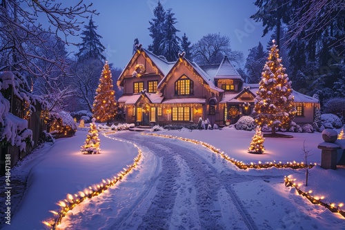 Festive Christmas House with Lights, Decorations, and Snow-Covered Lawn, Featuring Lighted Trees and Wreaths for Holiday Photo Backdrop