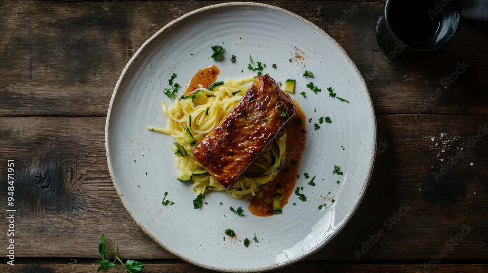 Contemporary white plate with ribs, zucchini, and pasta in a minimalist style Contemporary white plate with ribs, zucchini, and pasta in a minimalist style