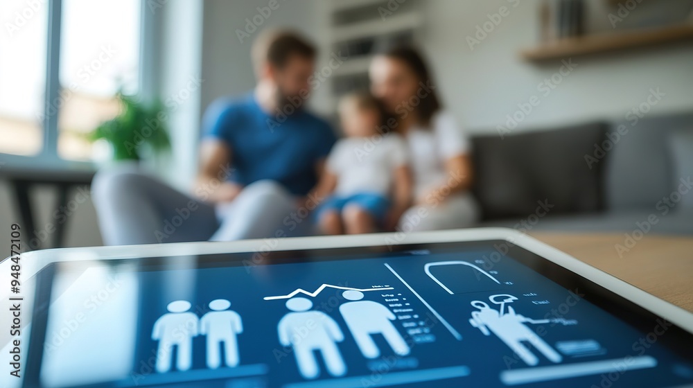 Fototapeta premium A digital representation of insurance coverage details on a tablet, with a family in the background.
