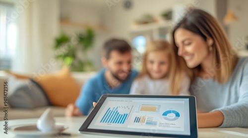 A digital representation of insurance coverage details on a tablet, with a family in the background.