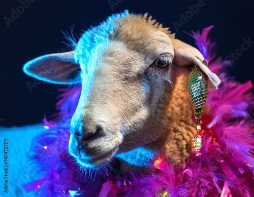 Close-up portrait of sheep with disco ball earring and neon boa.