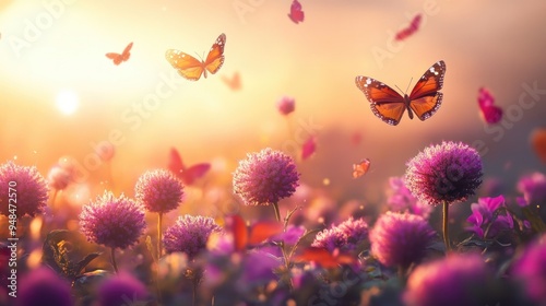 Vibrant globe amaranth field with butterflies and sunlight, set against a realistic and peaceful background