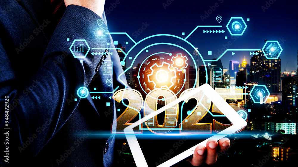 Businessman in suit with 2025 text using tablet touching the brain working of Artificial Intelligence (AI) in the futuristic business and coding software. Digital transformation technology strategy. Businessman in suit with 2025 text using tablet touching the brain working of Artificial Intelligence (AI) in the futuristic business and coding software. Digital transformation technology strategy.